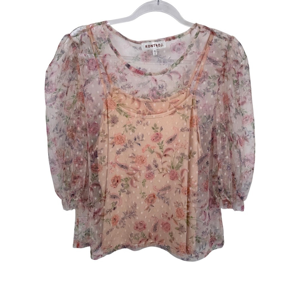KONTROL Romantic Cottagecore Fairy Top Womens XL Pink Sheer‎ Lined Puff Sleeve